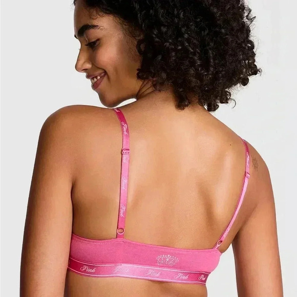 VS PINK COTTON TRIANGLE BRALETTE IN LIMITED EDITION CARMINE ROSE BLING - Picture 2 of 9